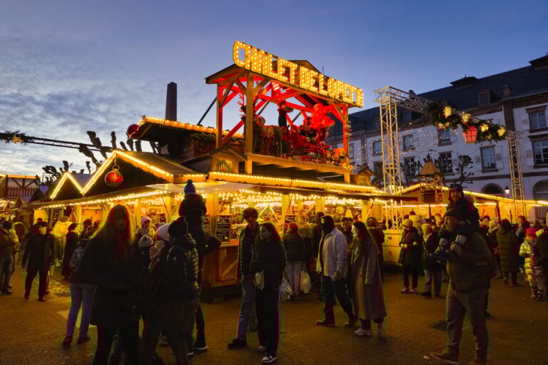 Santa's chalet is lit up like a Christmas tree!