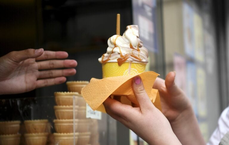 Jäätelökioskin työntekijä ja asiakas