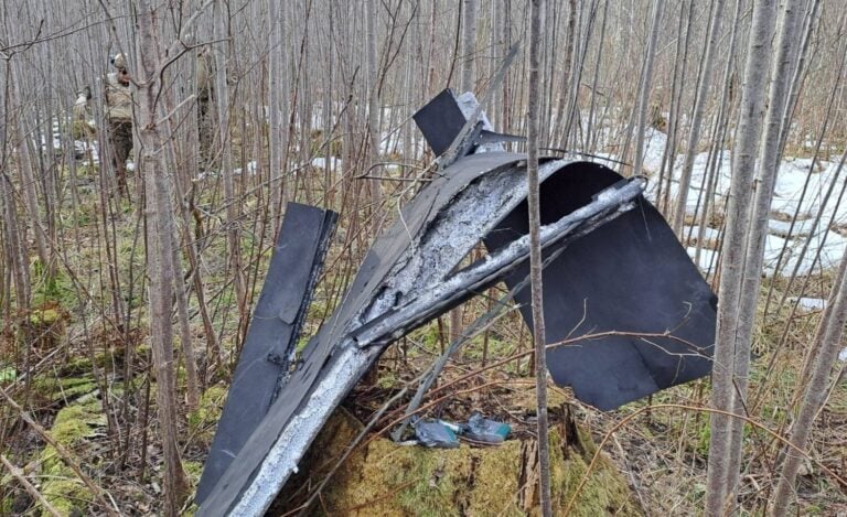 Itäiseen Latviaan maaliskuun lopulla pudonneen ukrainalaisen droonin jäänteitä. / LATVIAN ASEVOIMAT