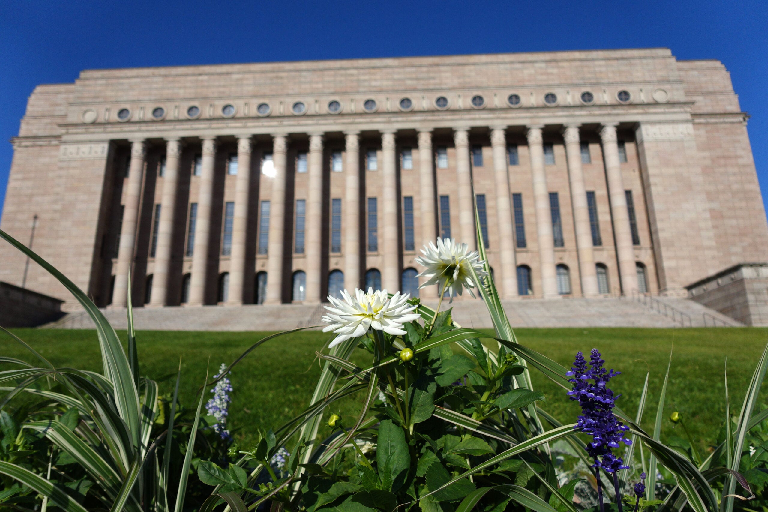Istutuksia Eduskuntatalon edessä. LEHTIKUVA / TEEMU SALONEN