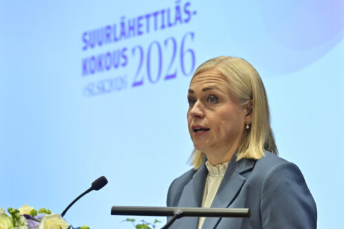 Ulkoministeri Elina Valtonen puhumassa Suurlähettiläispäivien avajaistilaisuudessa Helsingissä 24. elokuuta 2026. LEHTIKUVA / MARKKU ULANDER