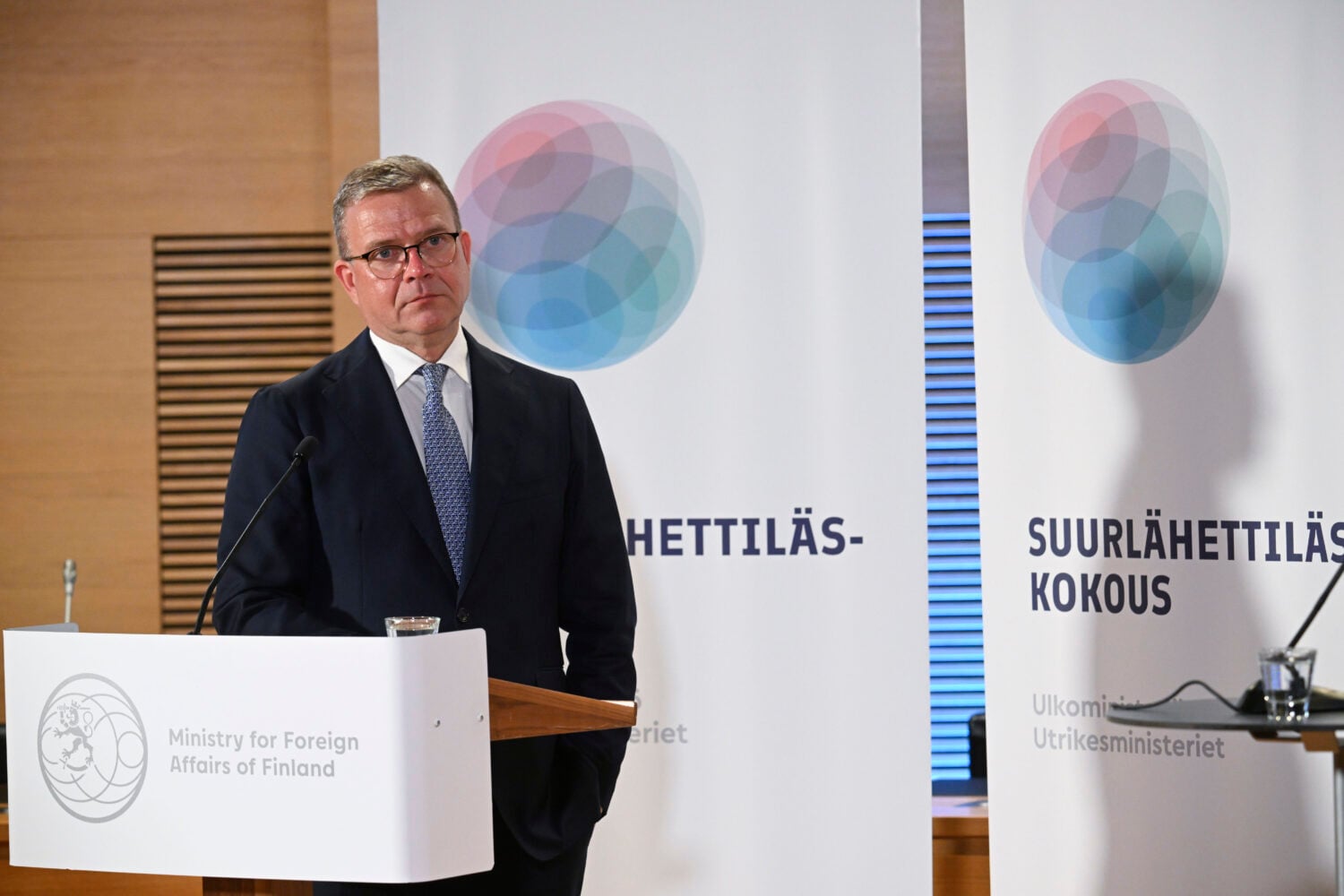 Pääministeri Petteri Orpo mediatilaisuudessa Suurlähettiläspäivillä Helsingissä 24. elokuuta 2026. LEHTIKUVA / MARKKU ULANDER