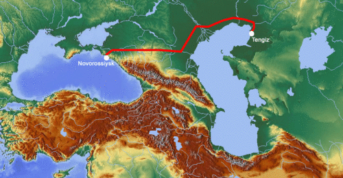 Kazakstanin Tengizistä Novorossijskiin kulkeva öljyputki kartalla. (Wikimedia Commons/GPL/Guido Grassow)