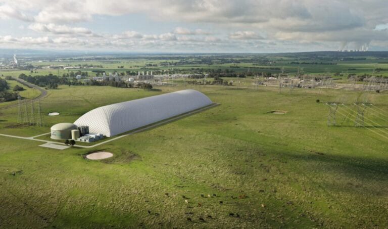 Havainnekuva Energy Domen hiilidioksidiakusta Australiassa. Järjestelmän on määrä varastoida sähköä 10–12 tunniksi. ENERGY DOME