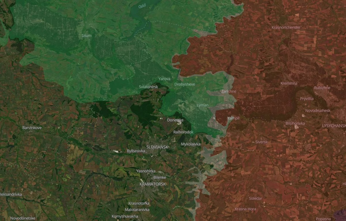 Rintamatilanne Lymanin lähialueella. / deepstatemap.live