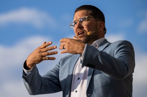 Jimmie Åkesson vaalitilaisuudessa elokuussa. / AFP / LEHTIKUVA / JONATHAN NACKSTRAND