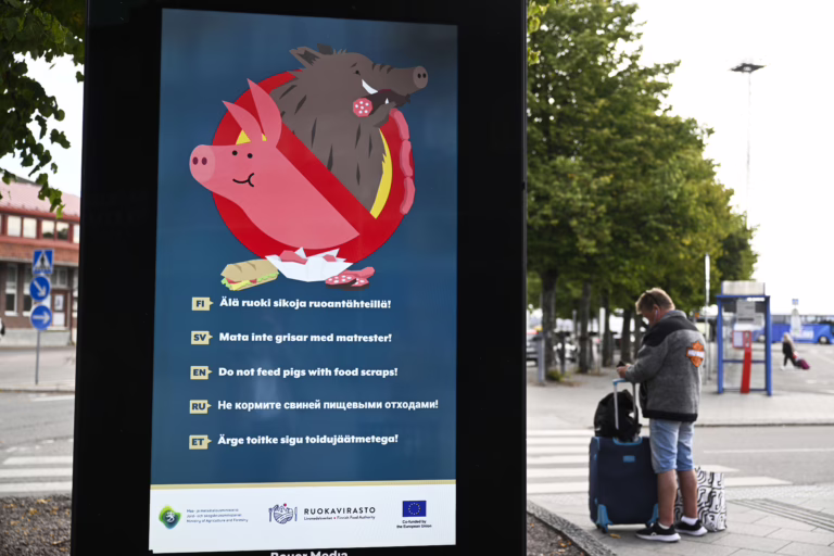 Sikarutosta varoittava viesti Katajanokan terminaalin näytöllä Helsingissä 20. elokuuta 2026. LEHTIKUVA / VILJA SIRVIÖ
