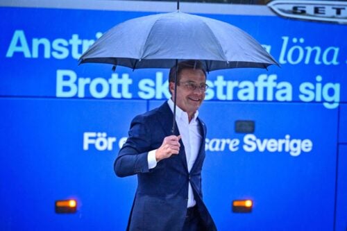 Ruotsin pääministeri, moderaattien Ulf Kristersson saapui vaaliväittelyyn syyskuun alussa. AFP / LEHTIKUVA / ANDERS WIKLUND
