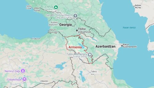 Venäjä ei ole Armenian naapurivaltio, toisin kuin Turkki, Georgia, Azerbaidžan ja Iran. Google Maps