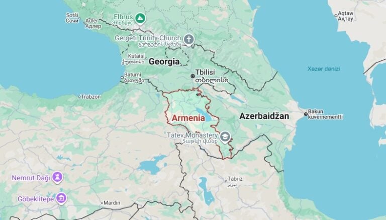 Venäjä ei ole Armenian naapurivaltio, toisin kuin Turkki, Georgia, Azerbaidžan ja Iran. Google Maps