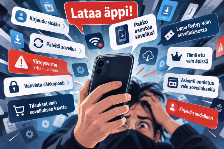 Lipun, edun tai palvelun käyttö voi nykyään riippua siitä, toimiiko sovellus oikealla hetkellä. Tekoälyllä luotu kuvitus.