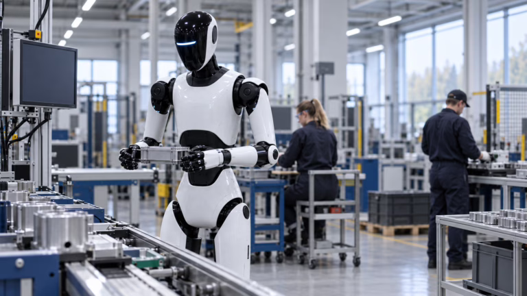 Osa työtehtävistä voidaan lähitulevaisuudessa siirtää humanoidiroboteille. Tekoälyn luoma kuvitus.