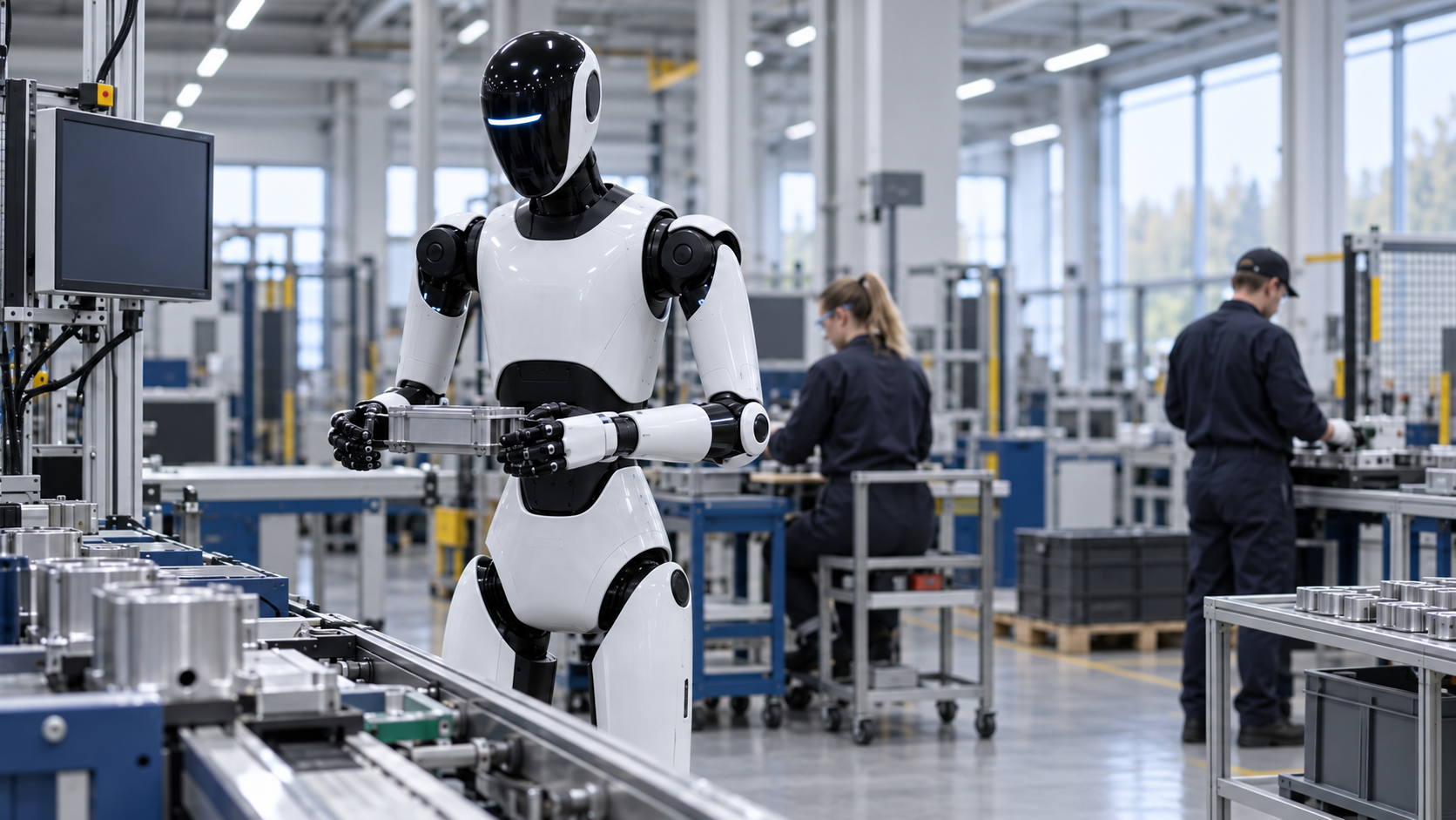 Osa työtehtävistä voidaan lähitulevaisuudessa siirtää humanoidiroboteille. Tekoälyn luoma kuvitus.
