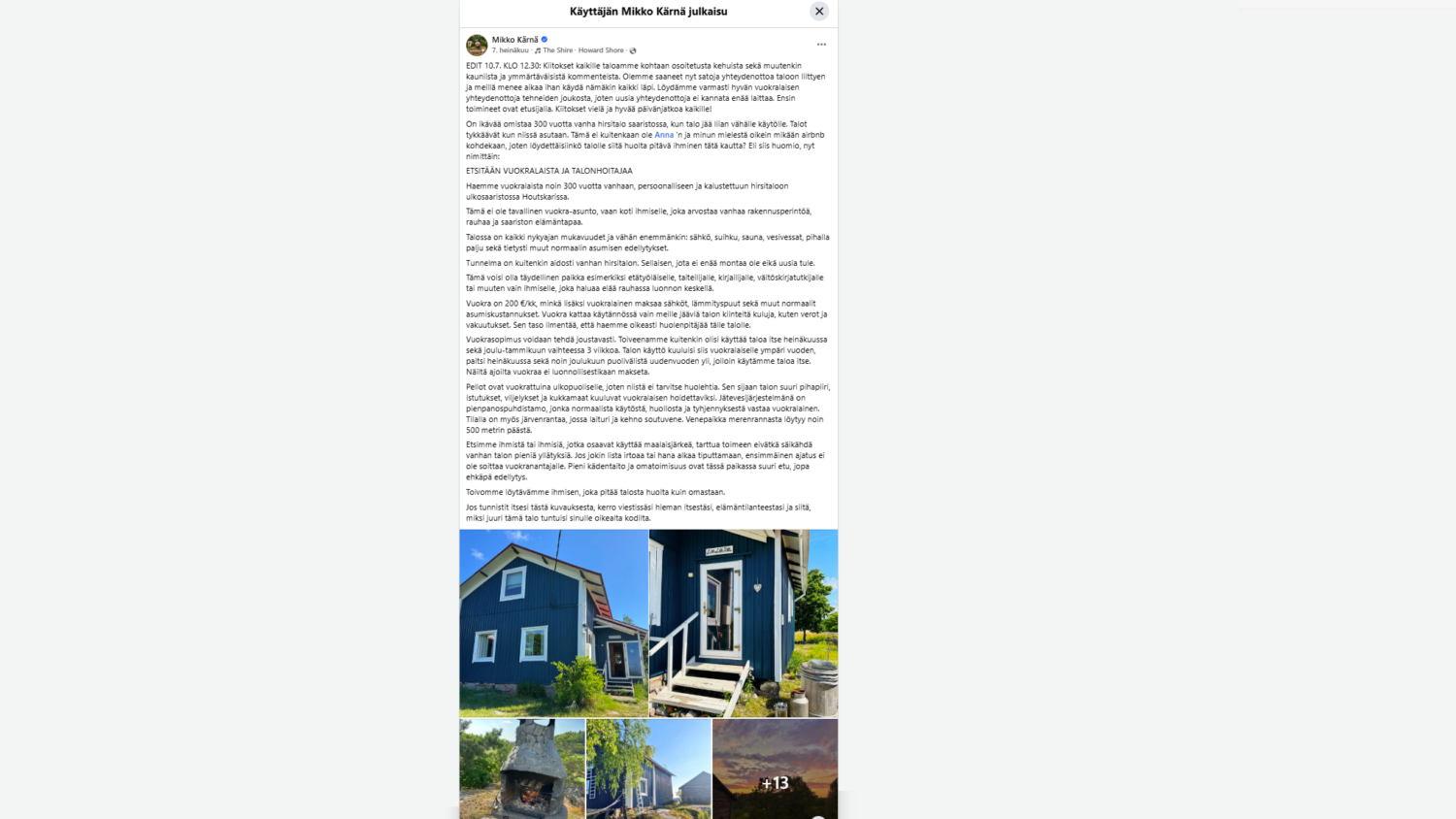 Mikko Kärnä etsi vuokralaista Facebookin kautta. KUVAKAAPPAUS