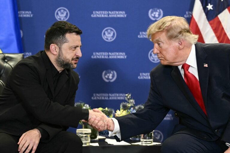 Yhdysvaltain presidentti Donald Trump ja Ukrainan presidentti Volodymyr Zelenskyi tapasivat YK:n 81. yleiskokouksen yhteydessä New Yorkissa 22. syyskuuta 2026. AFP / LEHTIKUVA / BRENDAN SMIALOWSKI