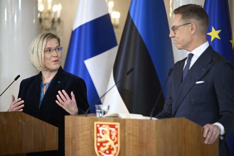 President Alexander Stubb and president Ülle Madise during the press conference at the Presidential Palace. / LEHTIKUVA / ANTTI AIMO-KOIVISTO