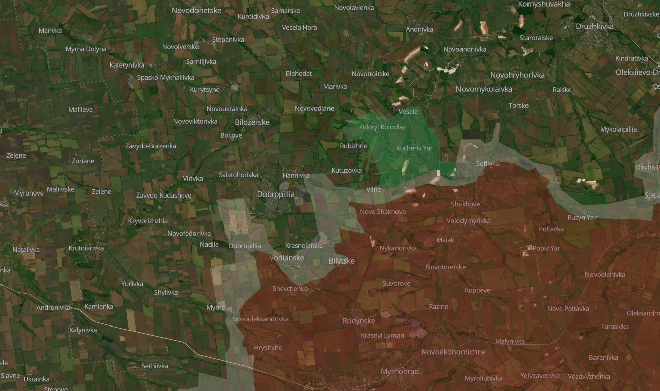 Rintamatilanne Dobropilljan lähellä ukrainalaisen seurantapalvelun mukaan. / deepstatemap.live